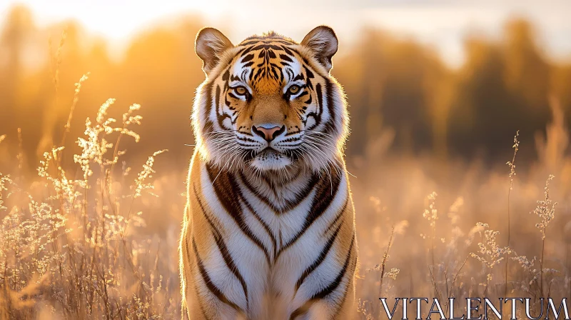 Sunset Glow on Tiger in Field AI Image