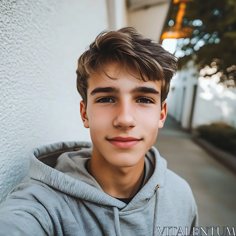 Young Boy with Light Brown Hair in Casual Hoodie AI Image