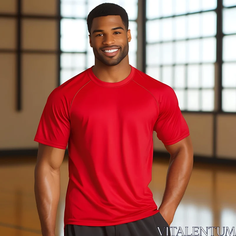 Smiling Man in Red Sportswear Inside Gym AI Image