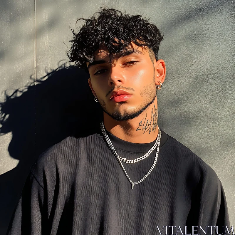 Man with Curly Hair, Tattoo, and Chains AI Image