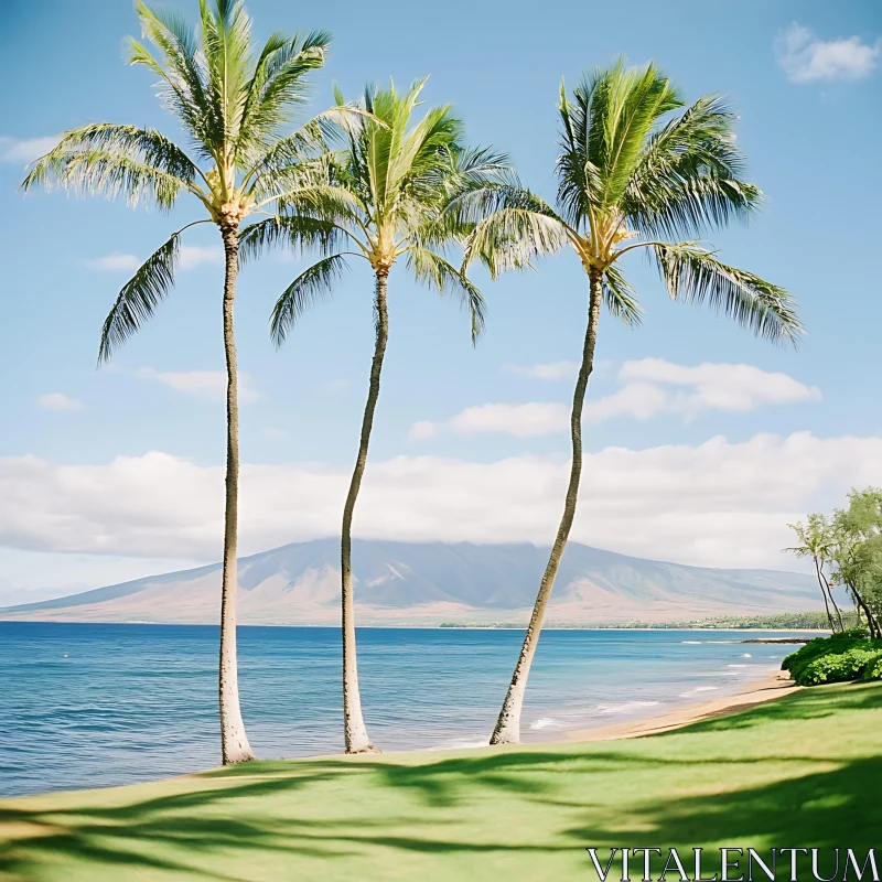 AI ART Tropical Beach with Palm Trees and Ocean View