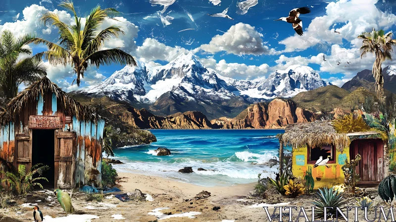 Beach Scene with Mountains and Huts AI Image