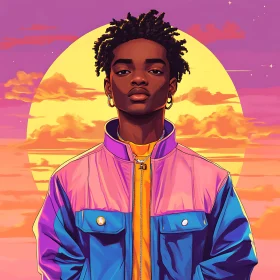 Young Man in Colorful Jacket at Sunset