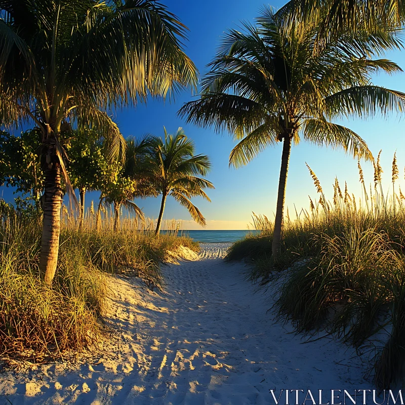 Serene Beach Path with Lush Palm Trees at Dusk AI Image