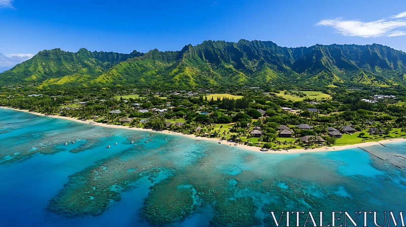 Serene Tropical Beach with Mountain Backdrop AI Image