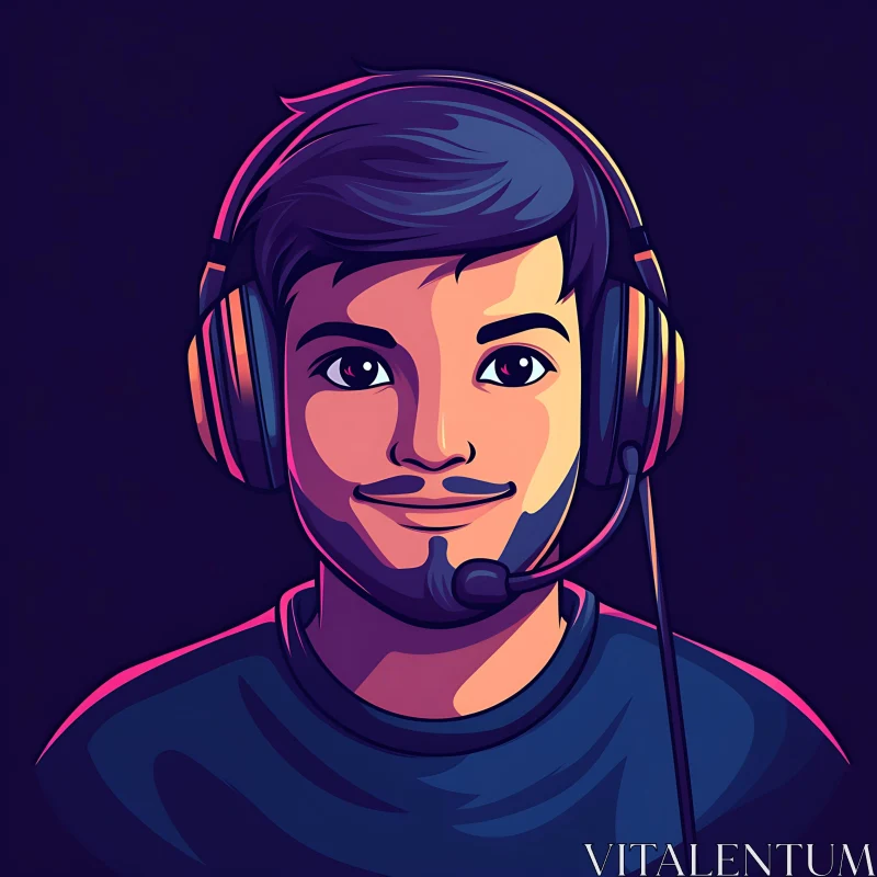 Vibrant Gamer with Headset Anime Portrait AI Image