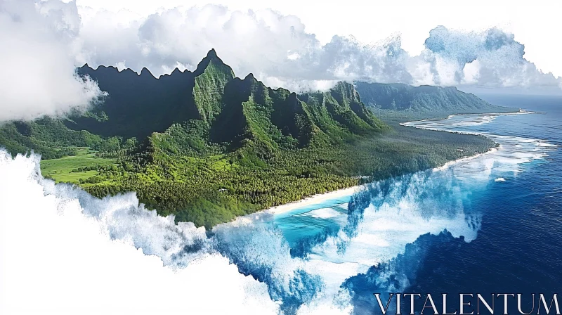 Surreal Island Landscape with Mountains and Sea AI Image