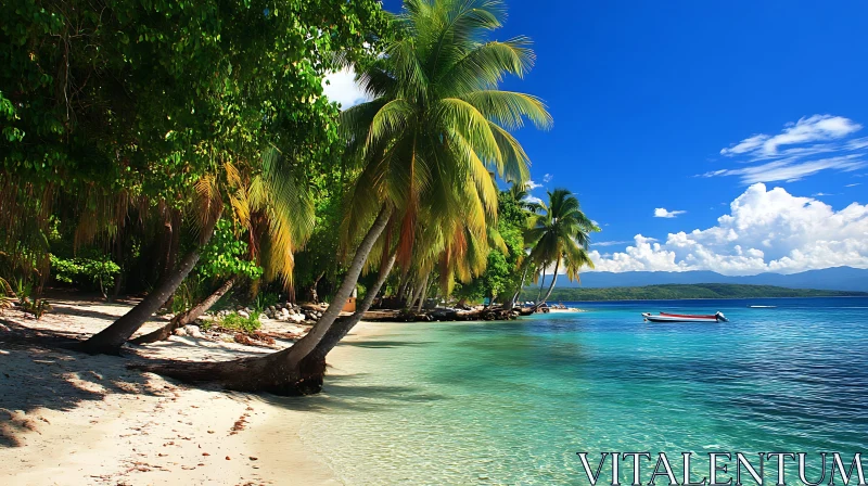 Serene Tropical Shoreline with Lush Palms and Calm Waters AI Image