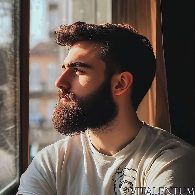 Bearded Man's Reflective Moment by Window AI Image