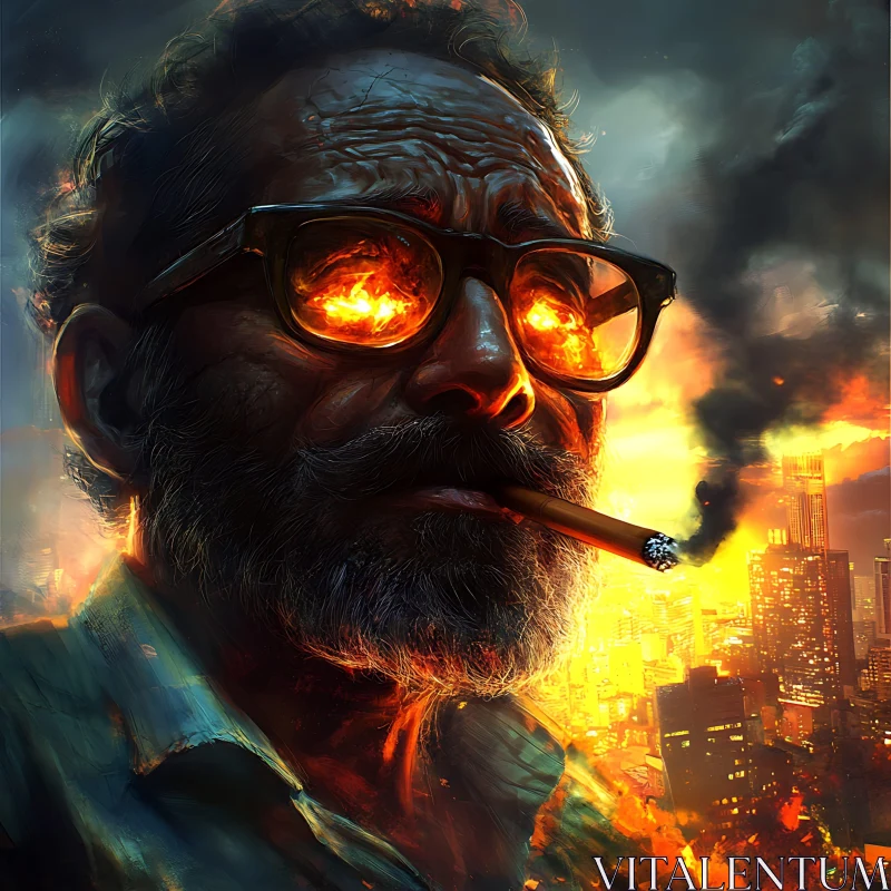 Portrait with Fiery Reflections and Urban Inferno AI Image