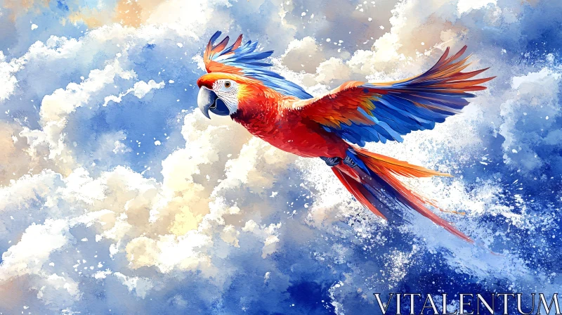 Colorful Parrot Soaring in a Blue Sky AI Image