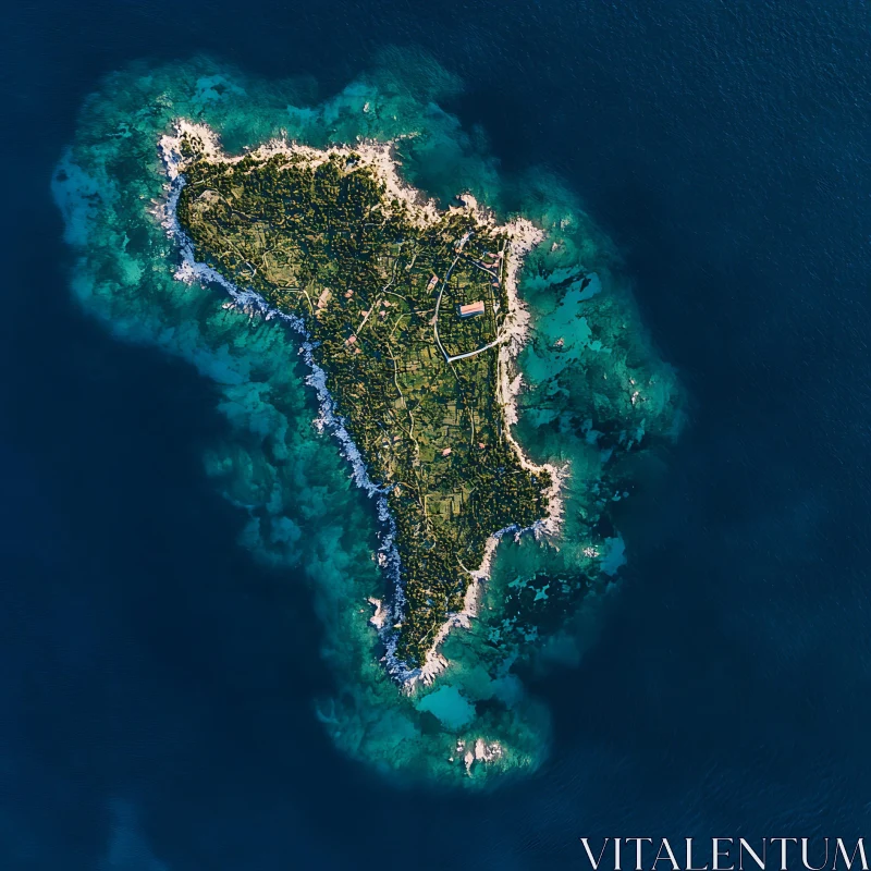 Lush Green Island Surrounded by Blue and Turquoise Sea from Above AI Image