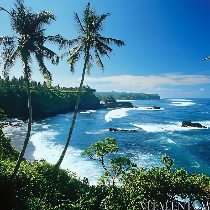 Tropical Beachfront with Palm Trees and Ocean Waves AI Image