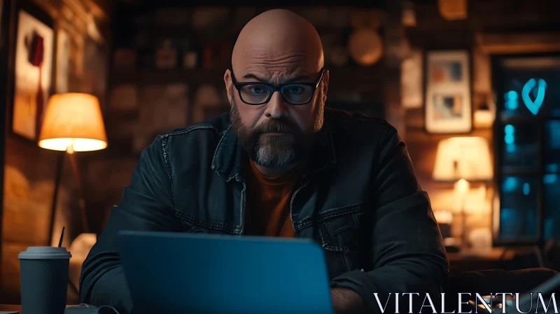 Focused Man in Glasses Working on Laptop AI Image