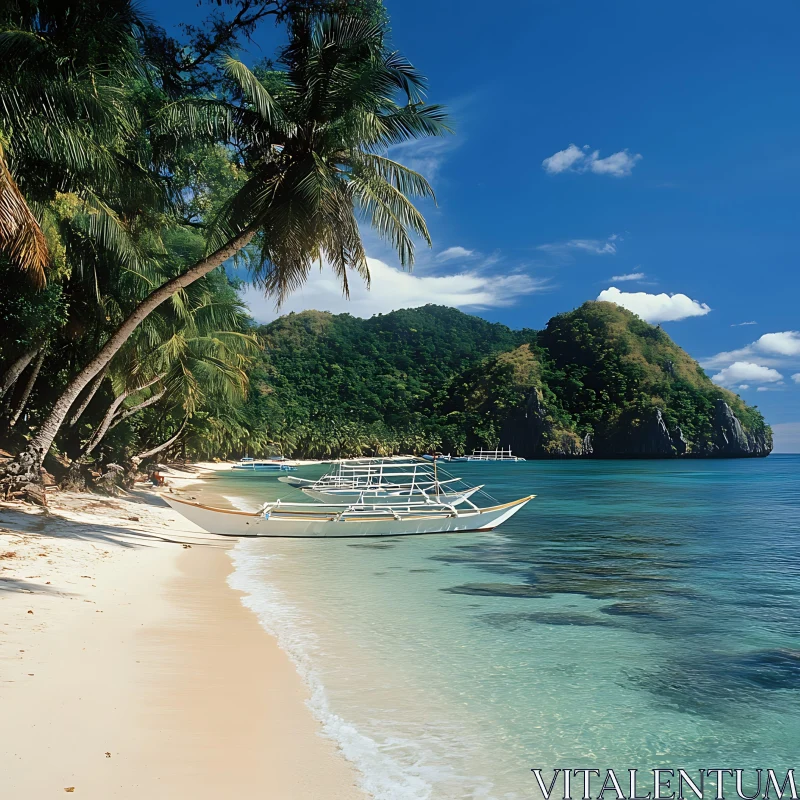 Tranquil Island Beach with Docked Boats and Lush Green Hills AI Image