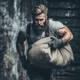 Strong Worker in Overalls with Large Sack