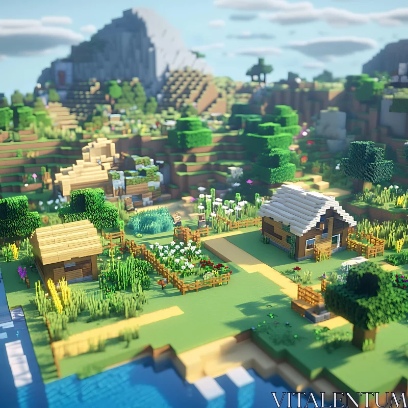 Pixelated Lush Village in Front of Mountains AI Image