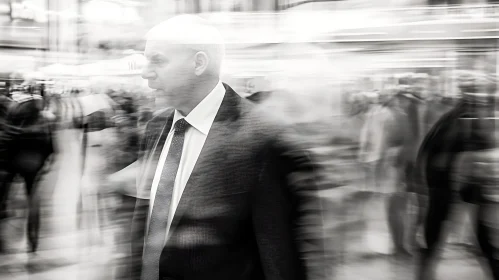 Blurred Urban Crowd Scene Featuring Man in Suit