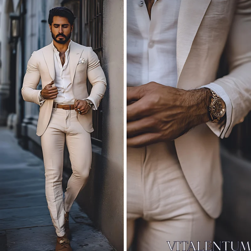 Sophisticated Men's Fashion: Cream Suit and Accessories AI Image