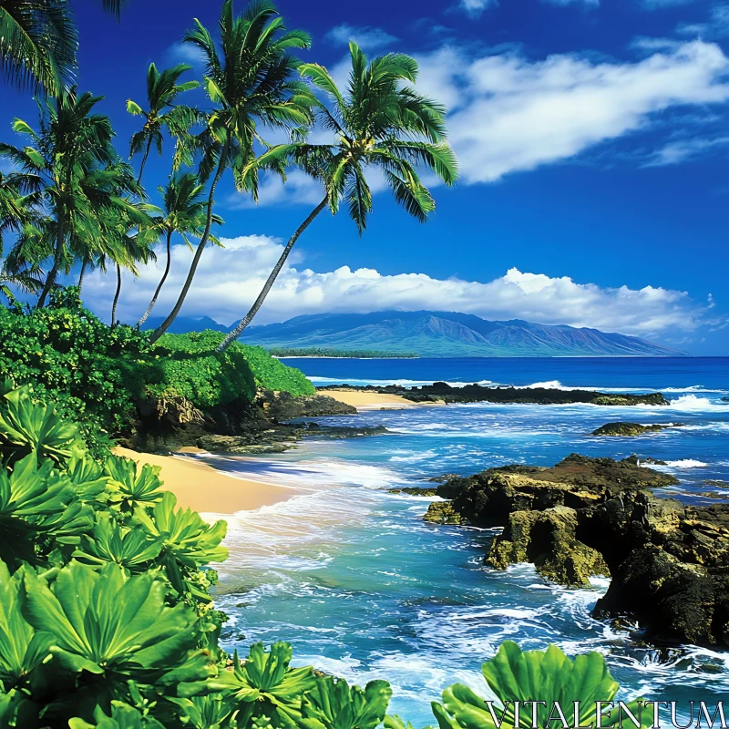 Tropical Paradise with Sandy Beach and Lush Vegetation AI Image