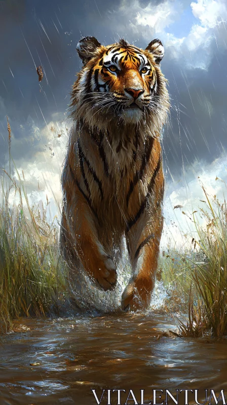 Tiger Running in Rain AI Image