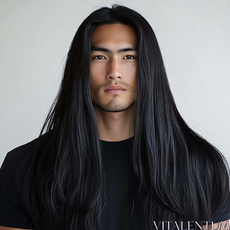 Man with Long Black Hair Portrait AI Image