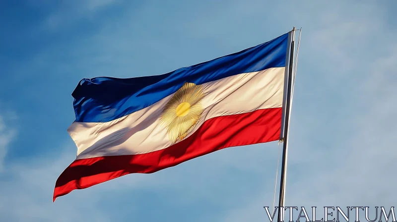 Blue, White, and Red Tricolor Flag with Yellow Sun Symbol AI Image