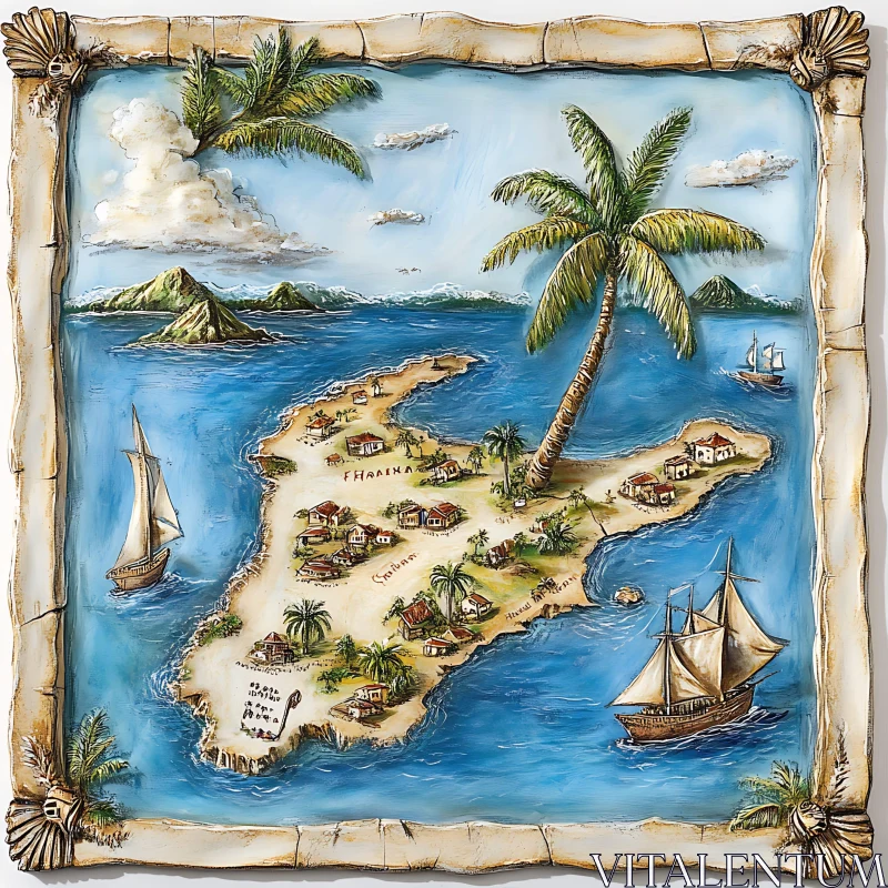 Vintage Style Tropical Island Illustration AI Image