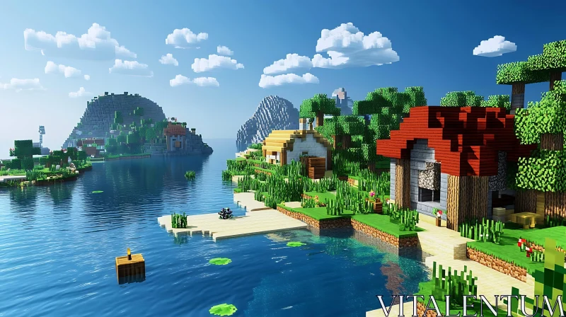 Peaceful Minecraft Pixel Art Island Scene AI Image