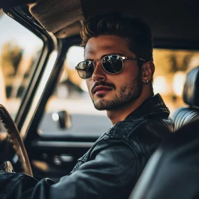 Confident Man in Leather Jacket Behind the Wheel