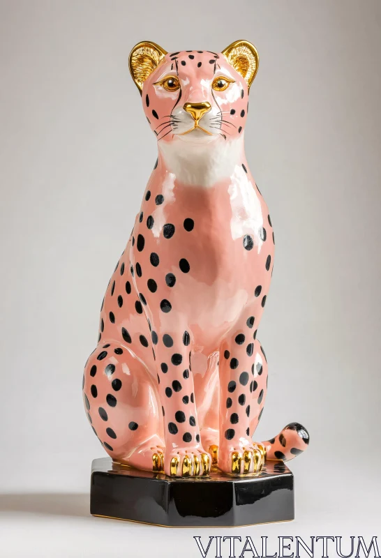 AI ART Pink Leopard Sculpture with Gold Accents