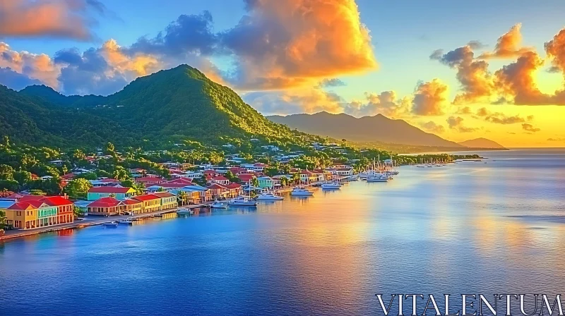 AI ART Island Paradise Sunset - Vibrant Waterfront Town