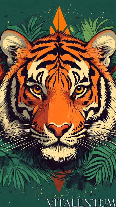 Tiger Face Art with Jungle Leaves AI Image