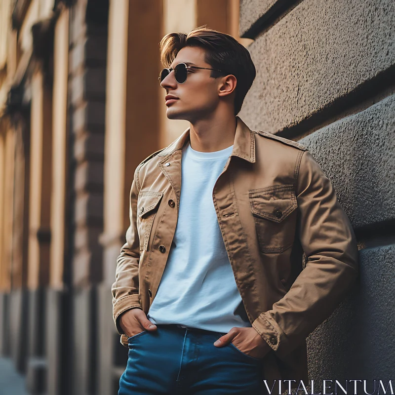 Fashionable Man in Sunglasses Against Stone Wall AI Image