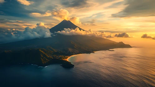 Volcano Sunset with Ocean and Beach