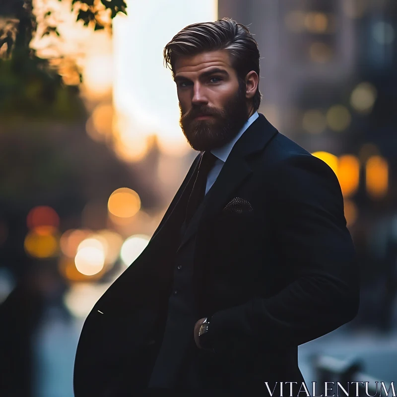 Bearded Man in a Suit at Sunset Urban Scene AI Image