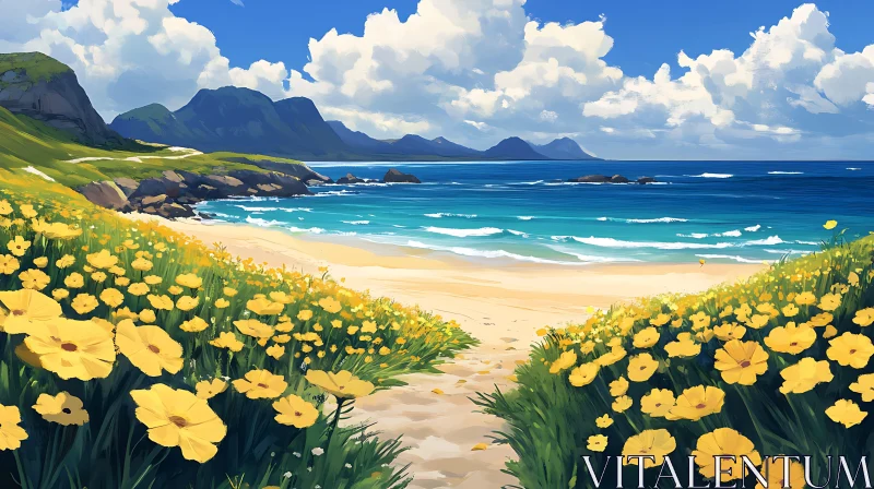 Beachside Bliss with Yellow Blooms AI Image