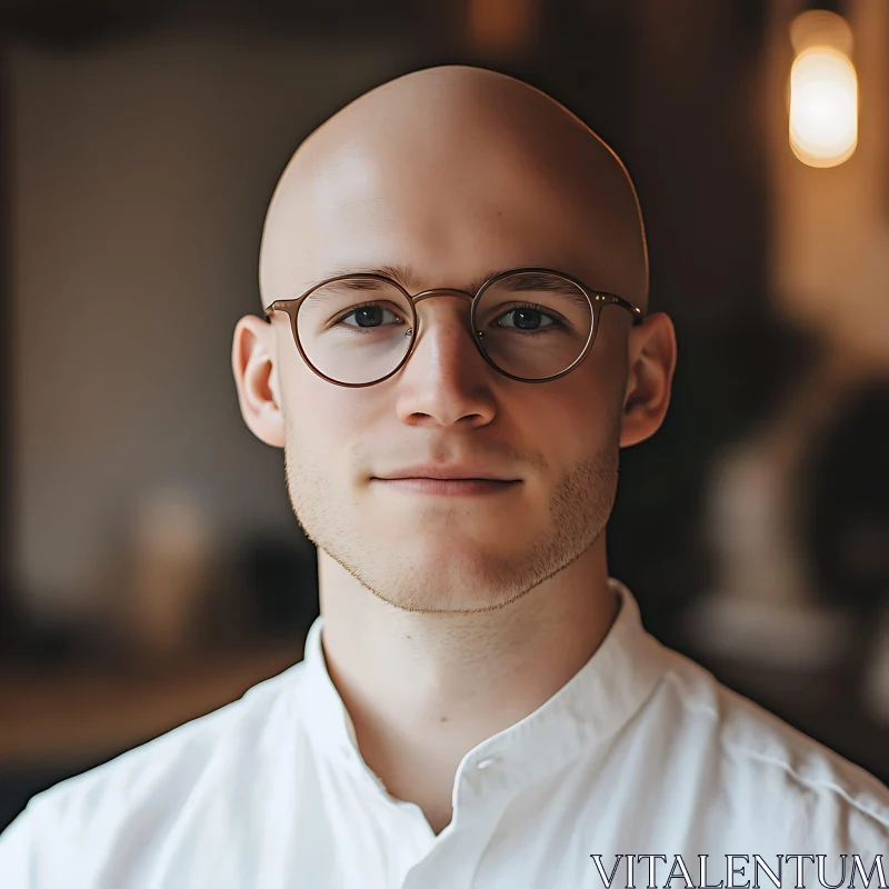 Bald Man Wearing Glasses and White Shirt AI Image