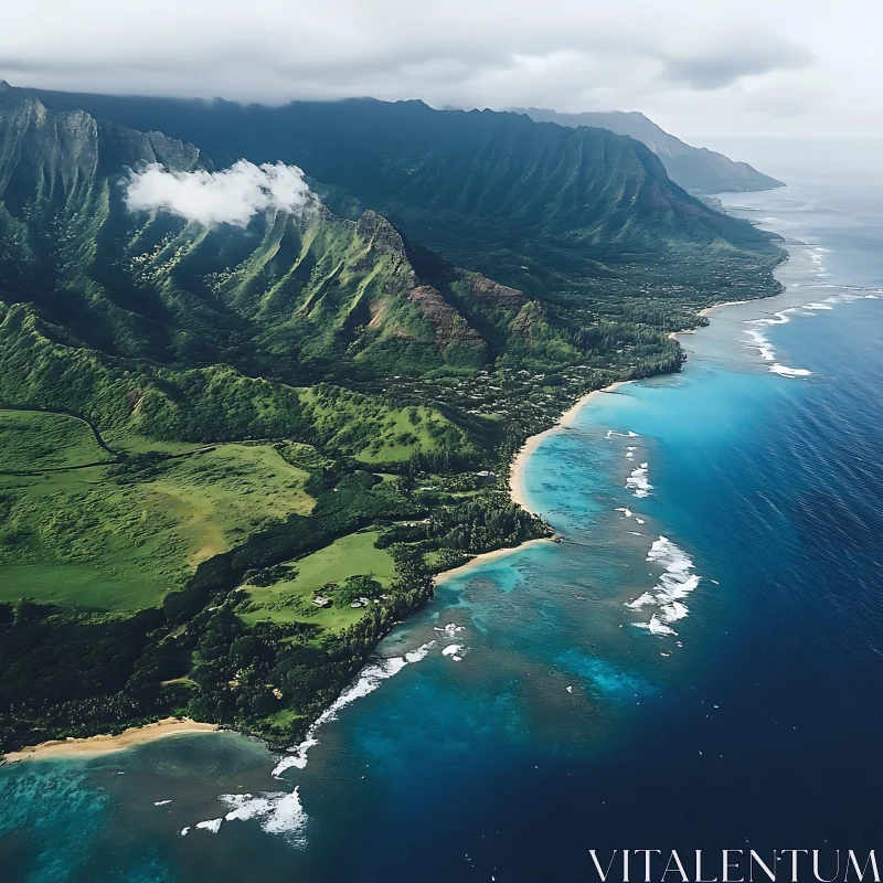 Island Aerial View with Lush Greenery and Stunning Coastline AI Image