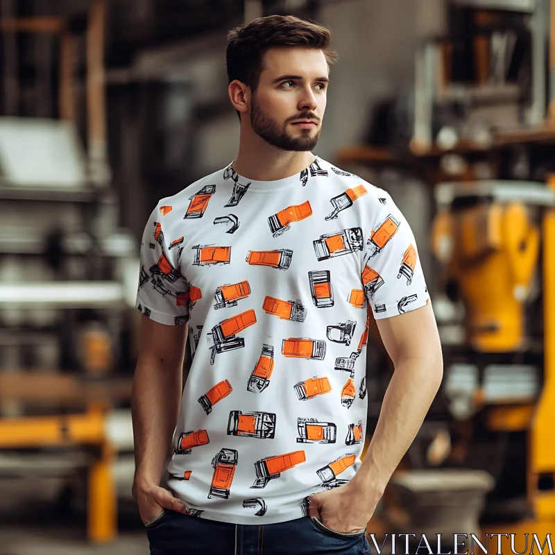 Industrial-Themed T-Shirt in Warehouse AI Image