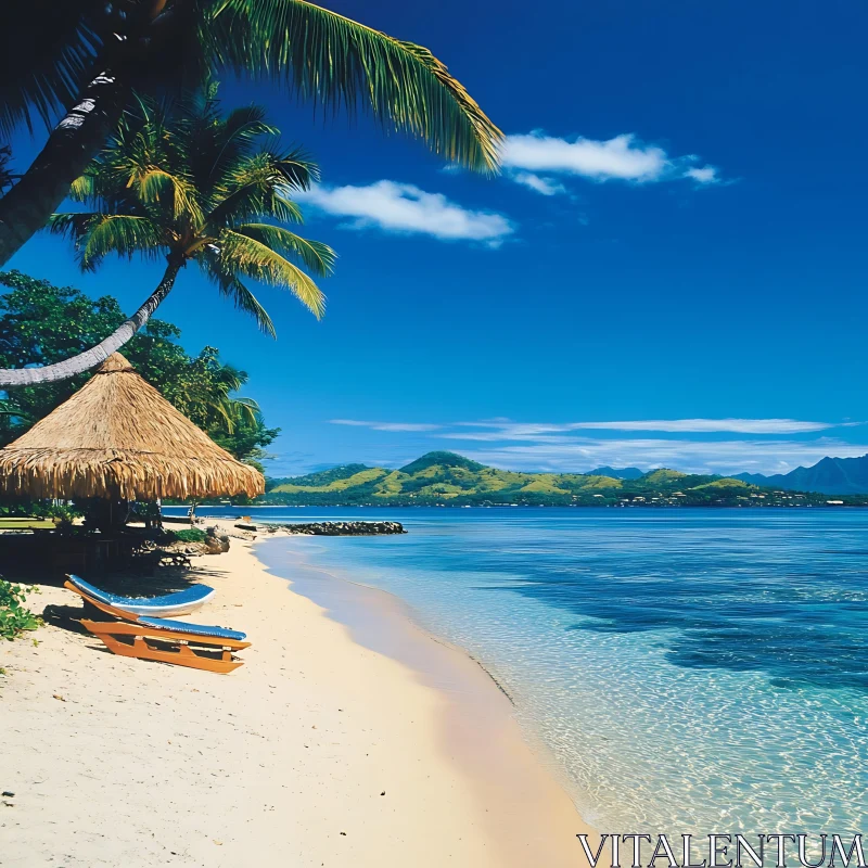 Idyllic Tropical Beach with Palm Trees and Clear Waters AI Image