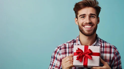 Man Presenting Gift with Red Bow