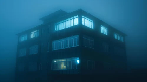 Eerie Foggy Building with Glowing Lights
