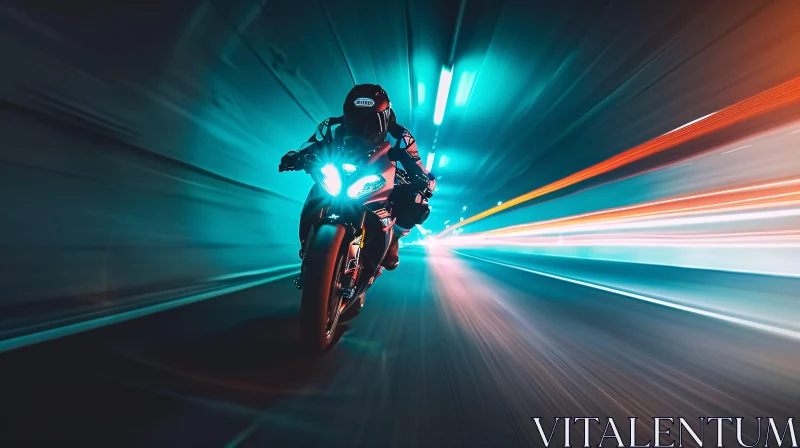 Motorcyclist Racing in Tunnel with Blurred Lights