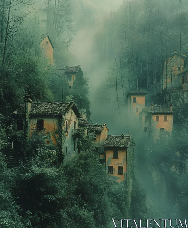 Ethereal Forest Village Enveloped in Mist AI Image