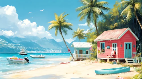 Pastel Beach Scene with Floating Boats and Mountains