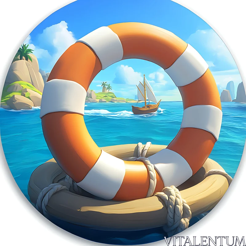 Sailboat and Lifebuoy in Serene Ocean Scene
