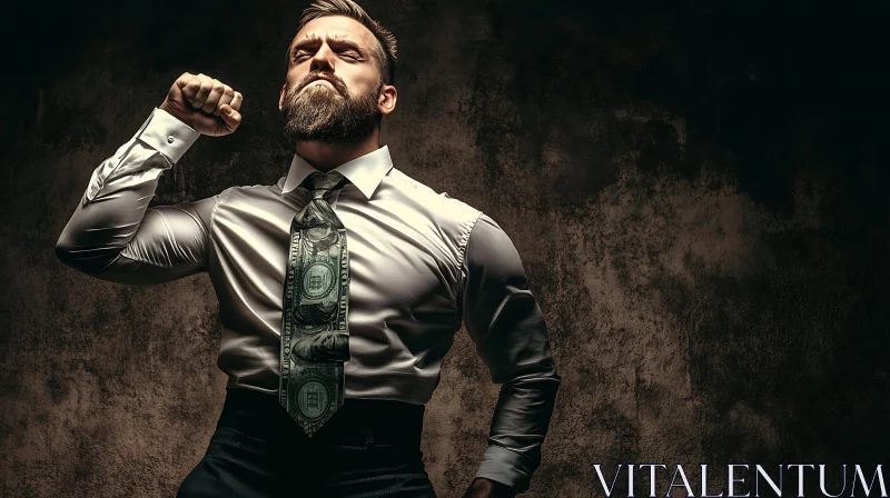 Confident Man with Unique Dollar Bill Tie AI Image