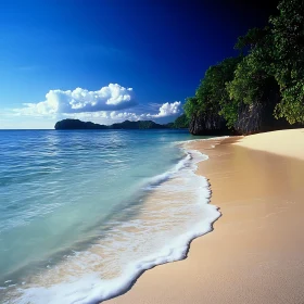 Peaceful Beach Scene with Waves and Trees
