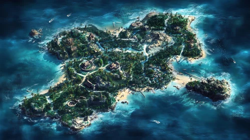 Tropical Island Aerial View with Lush Greenery and Azure Waters